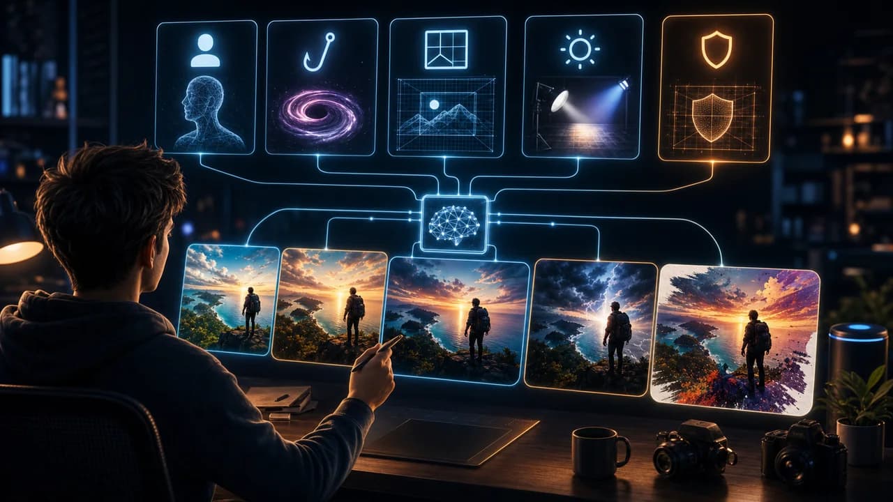 A creator turning a video idea into AI thumbnail prompt cards with subject, hook, composition, and contrast notes.