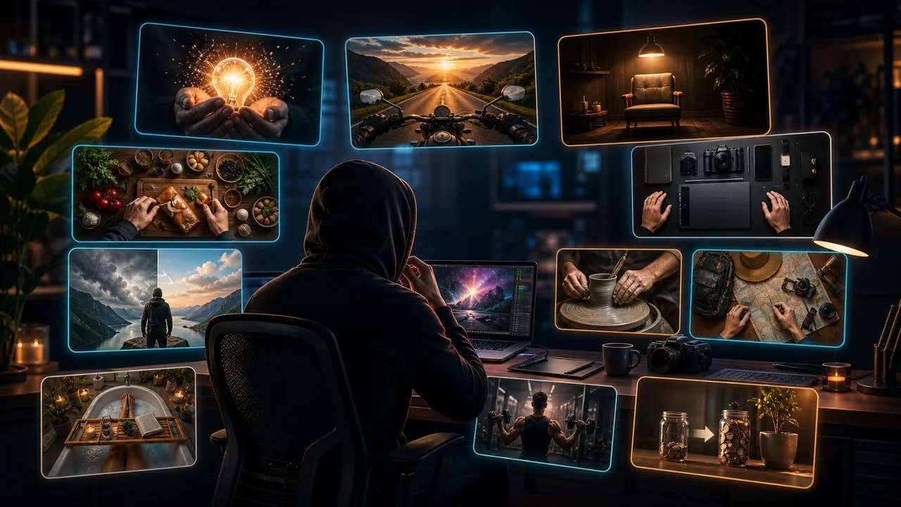 Faceless thumbnail concept cards built around objects, hands, results, and dramatic scenes instead of creator portraits.