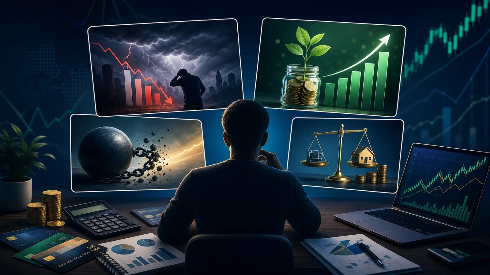 A finance creator reviewing thumbnail concept cards with charts, savings, debt, and comparison visuals.