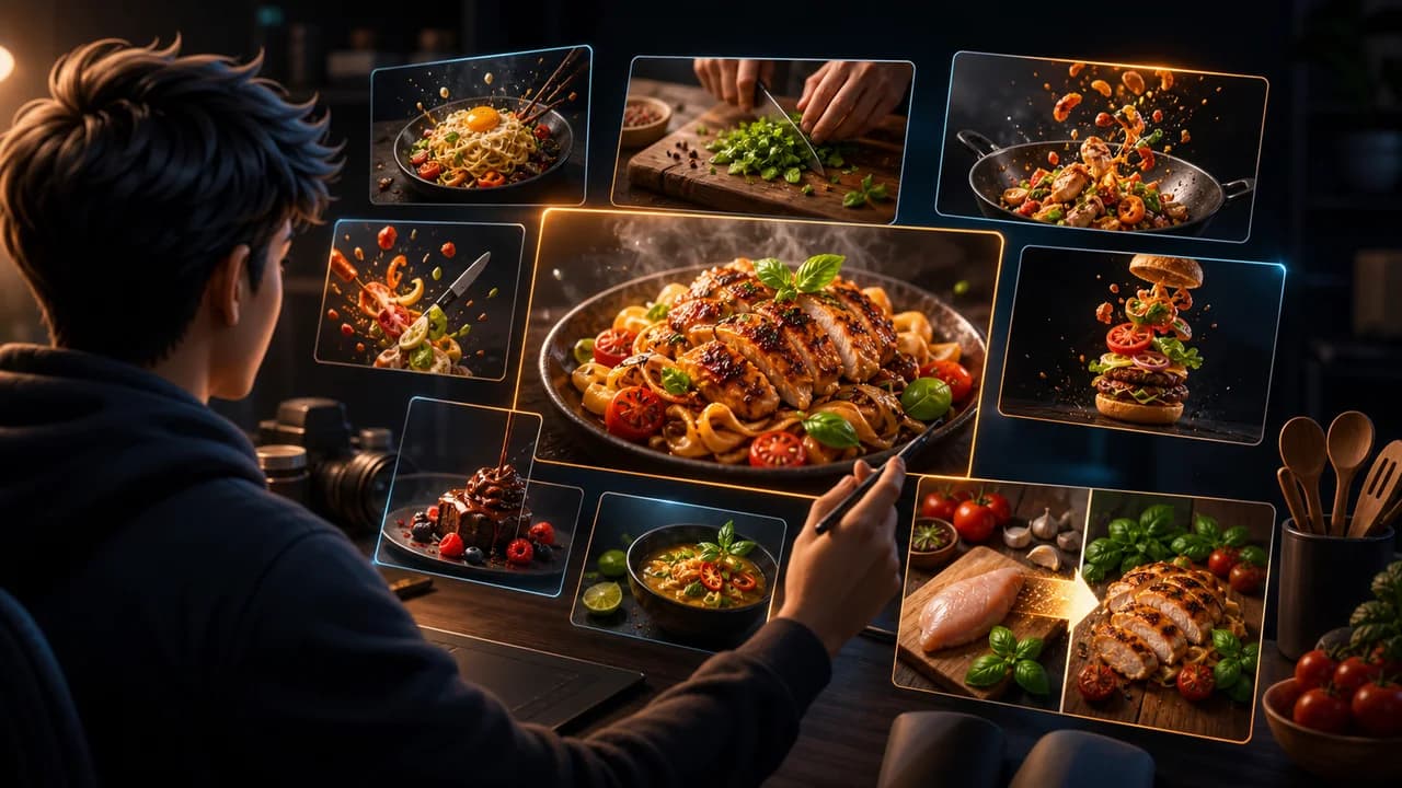 A food creator reviewing thumbnail concept cards around a plated dish, ingredients, and cooking transformations.