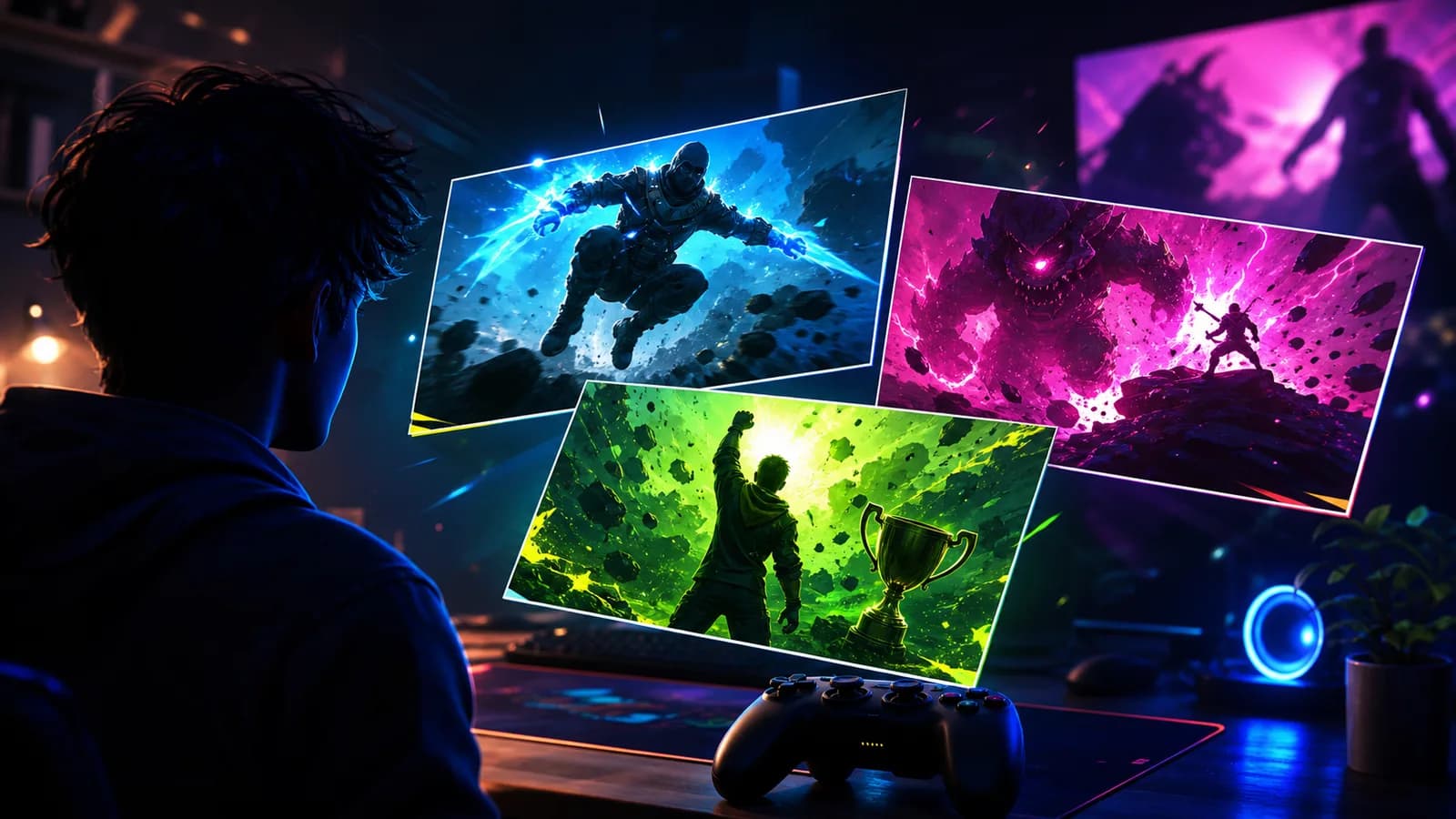 A gaming creator looking at several stylized thumbnail concept cards with challenge, boss battle, and victory visuals.