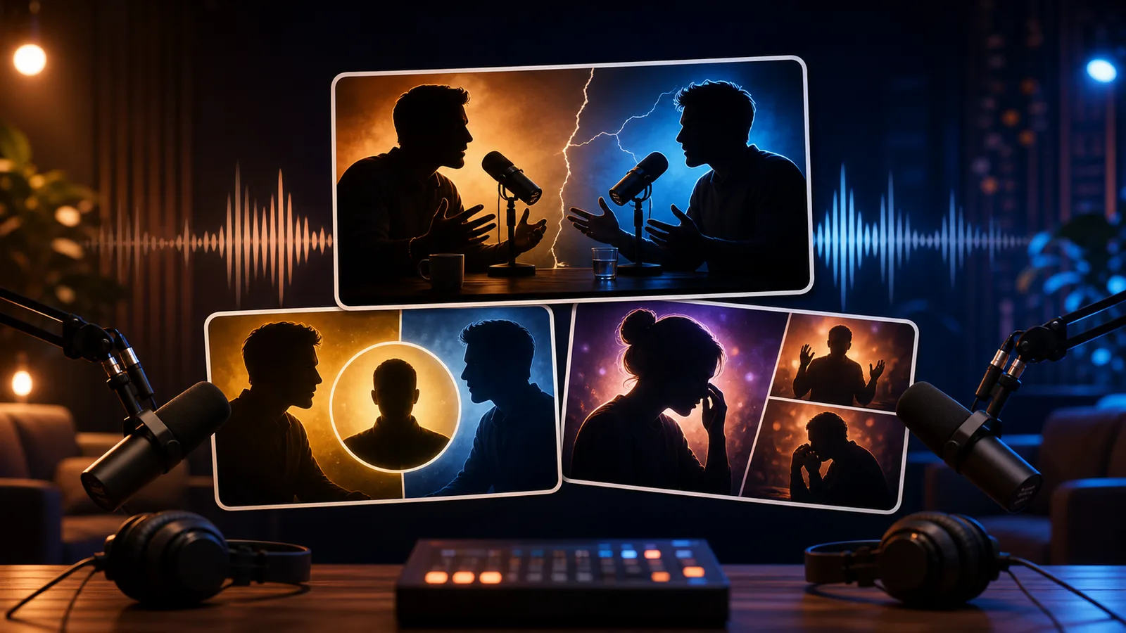 A podcast studio with microphones and thumbnail concept cards showing interview, debate, and emotional story moments.