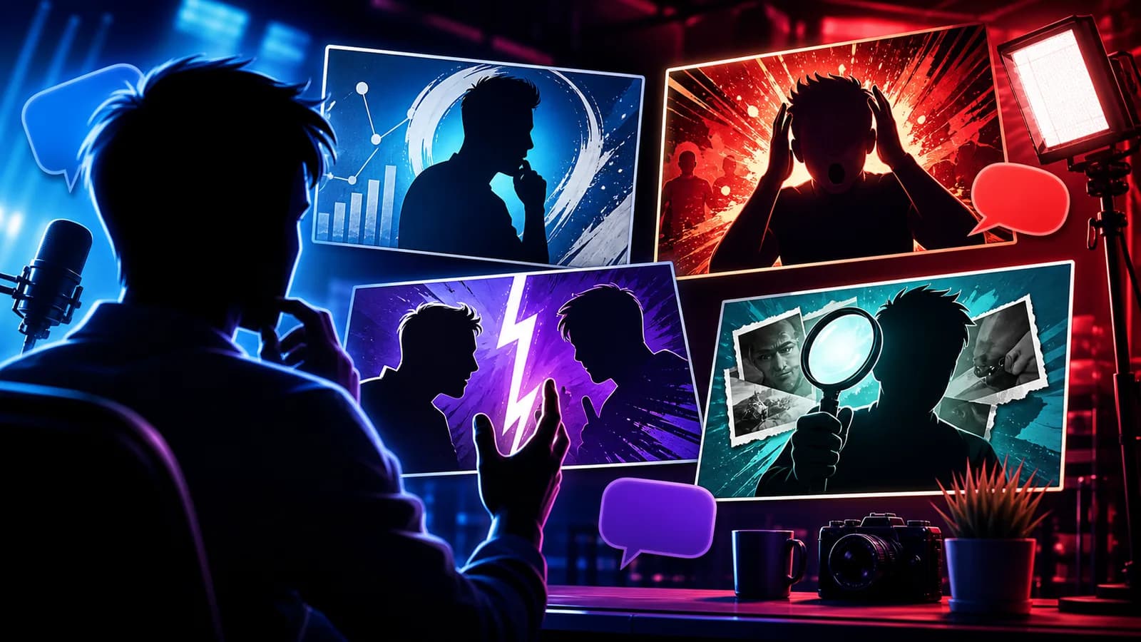 A commentary creator looking at stylized thumbnail concept cards with analysis, surprise, comparison, and proof visuals.