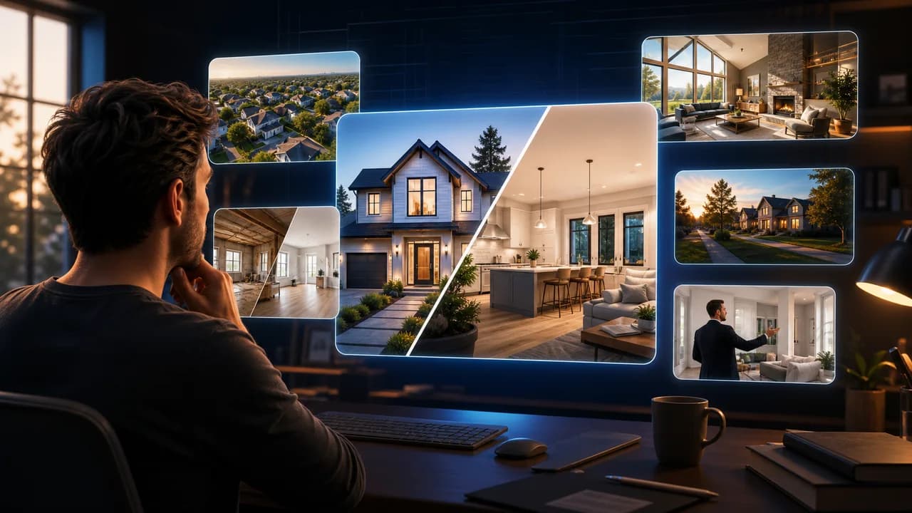 A real estate creator reviewing thumbnail concepts with home exteriors, interior reveals, and neighborhood visuals.