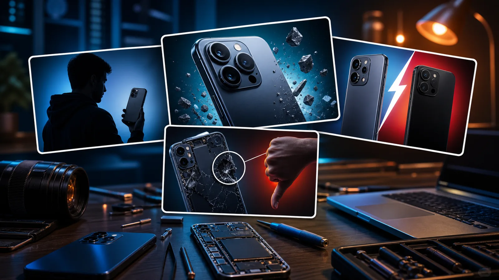 A tech review desk with phones, teardown tools, and several product thumbnail concept cards.