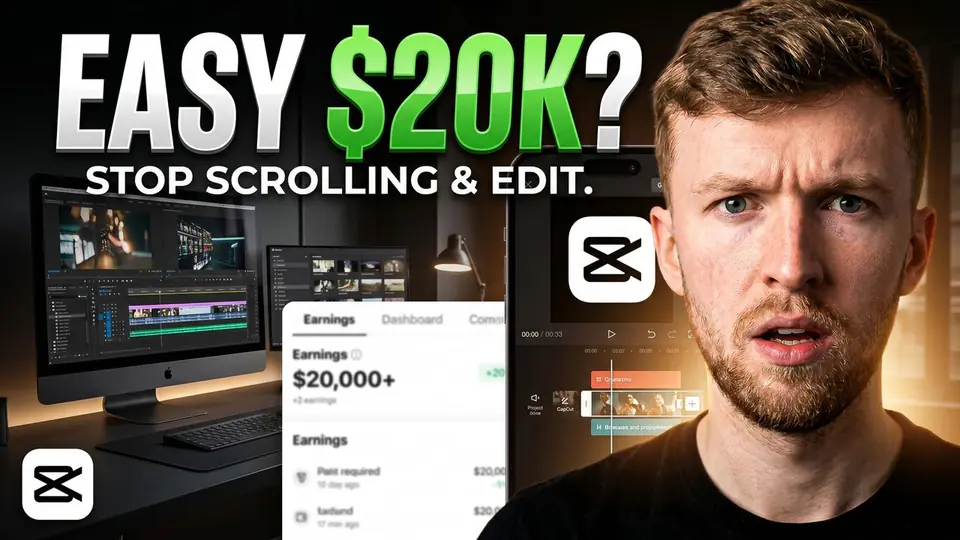 A YouTube-style thumbnail with a creator, editing screens, and short high-contrast headline text.