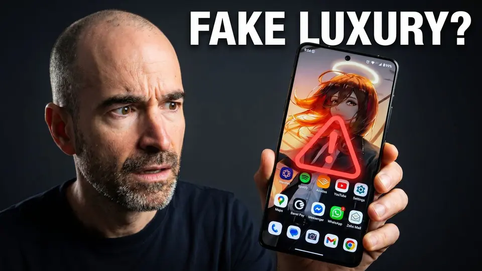 A redesigned phone review thumbnail with a larger phone, darker background, and the question Fake Luxury.