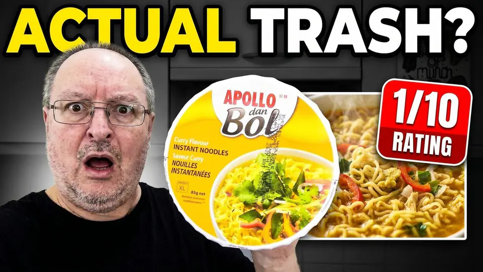 A YouTube-style thumbnail with a presenter, instant noodles, and a clear one out of ten rating.