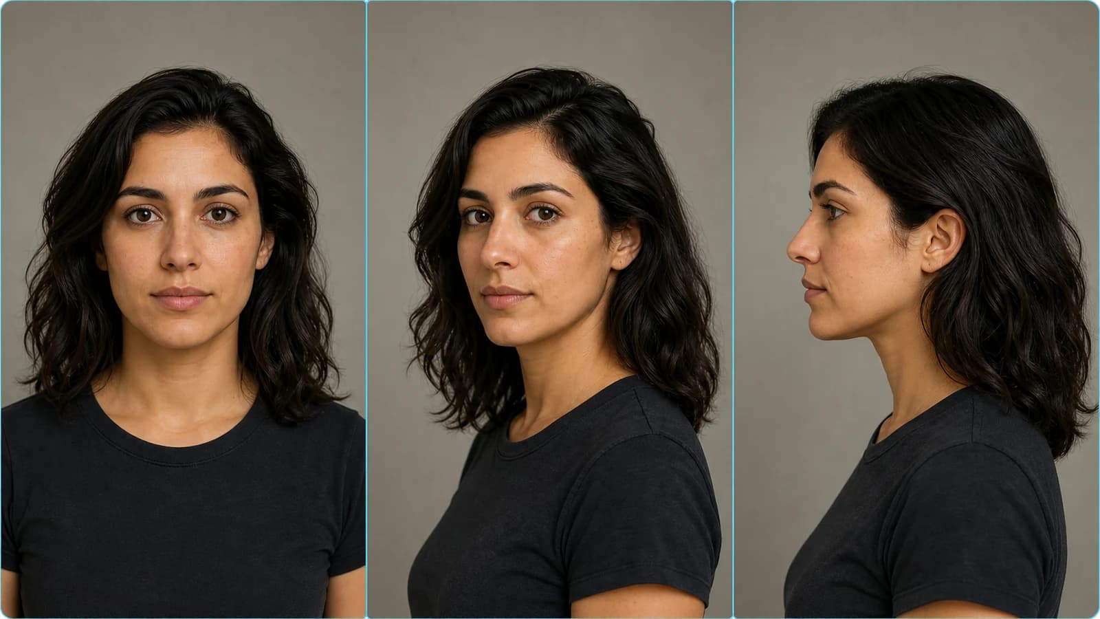 The same fictional creator photographed from the front, at a three-quarter turn, and in side profile.