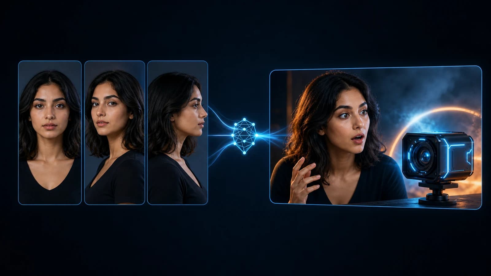 Three face-reference angles connected to a finished YouTube thumbnail featuring the same fictional creator.