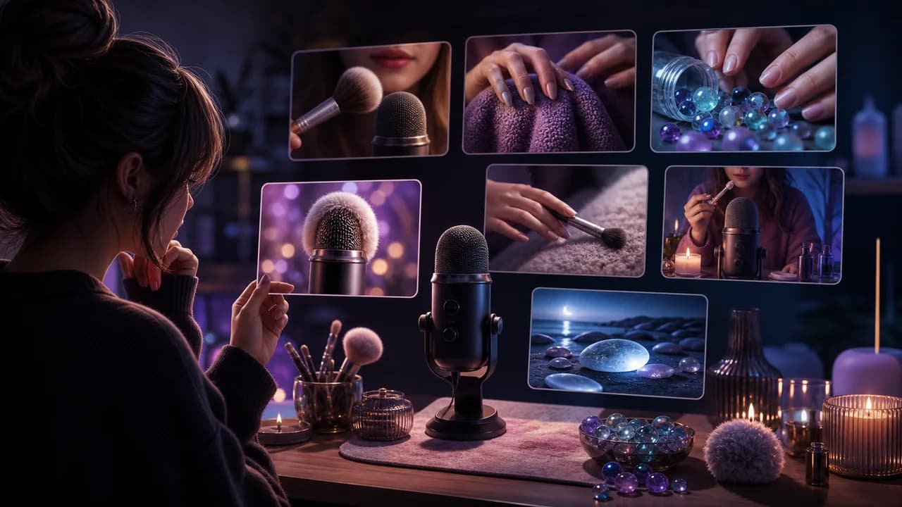 An ASMR creator reviewing thumbnail concept cards with microphones, calming textures, brushes, beads, and soft lighting.