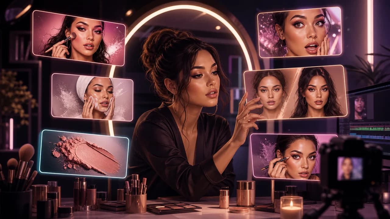 A beauty creator reviewing makeup and skincare thumbnail concept cards around a mirror and vanity setup.