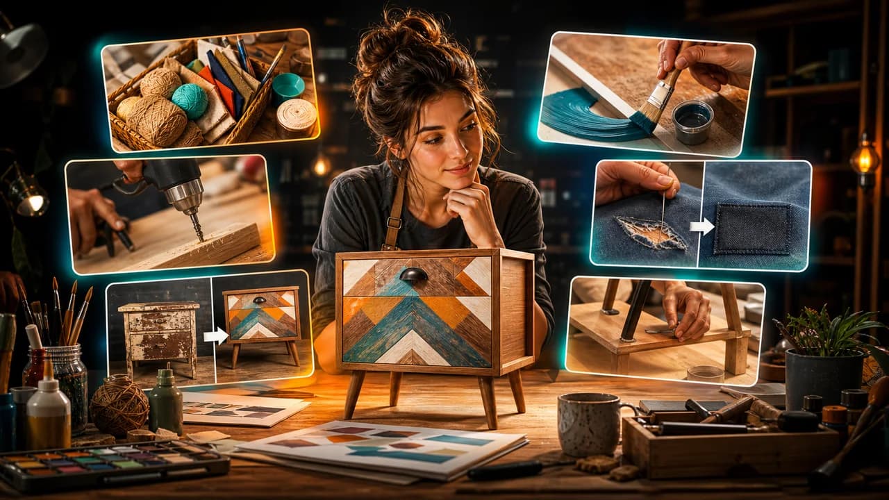 A DIY creator reviewing craft and maker thumbnail concept cards around tools, materials, and finished handmade projects.