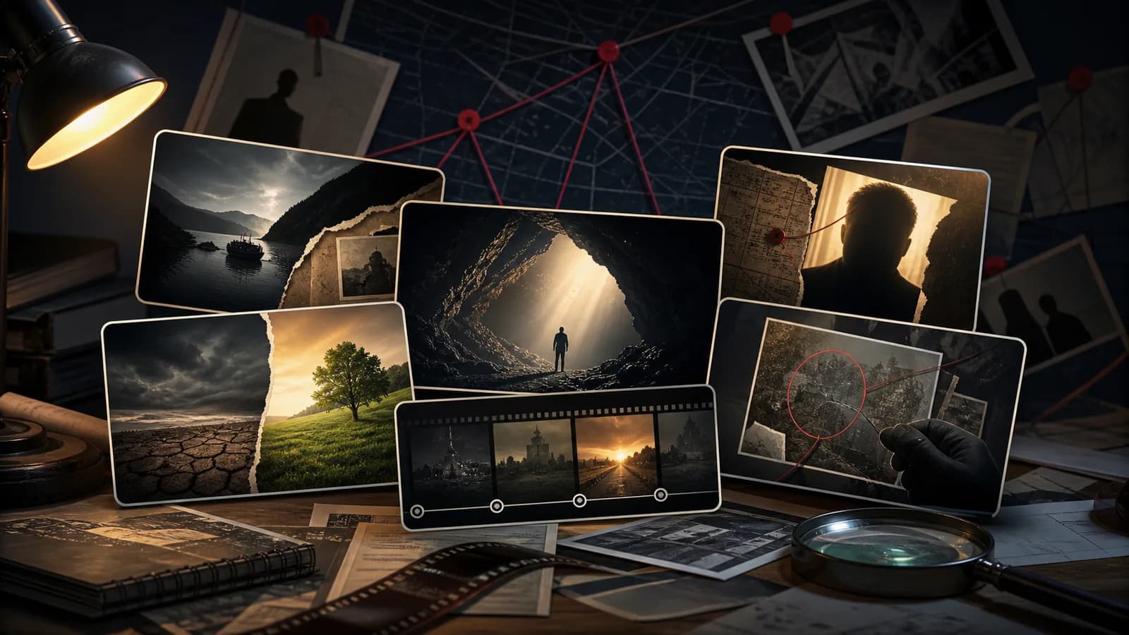A documentary investigation table with maps, photos, film frames, and thumbnail concept cards.