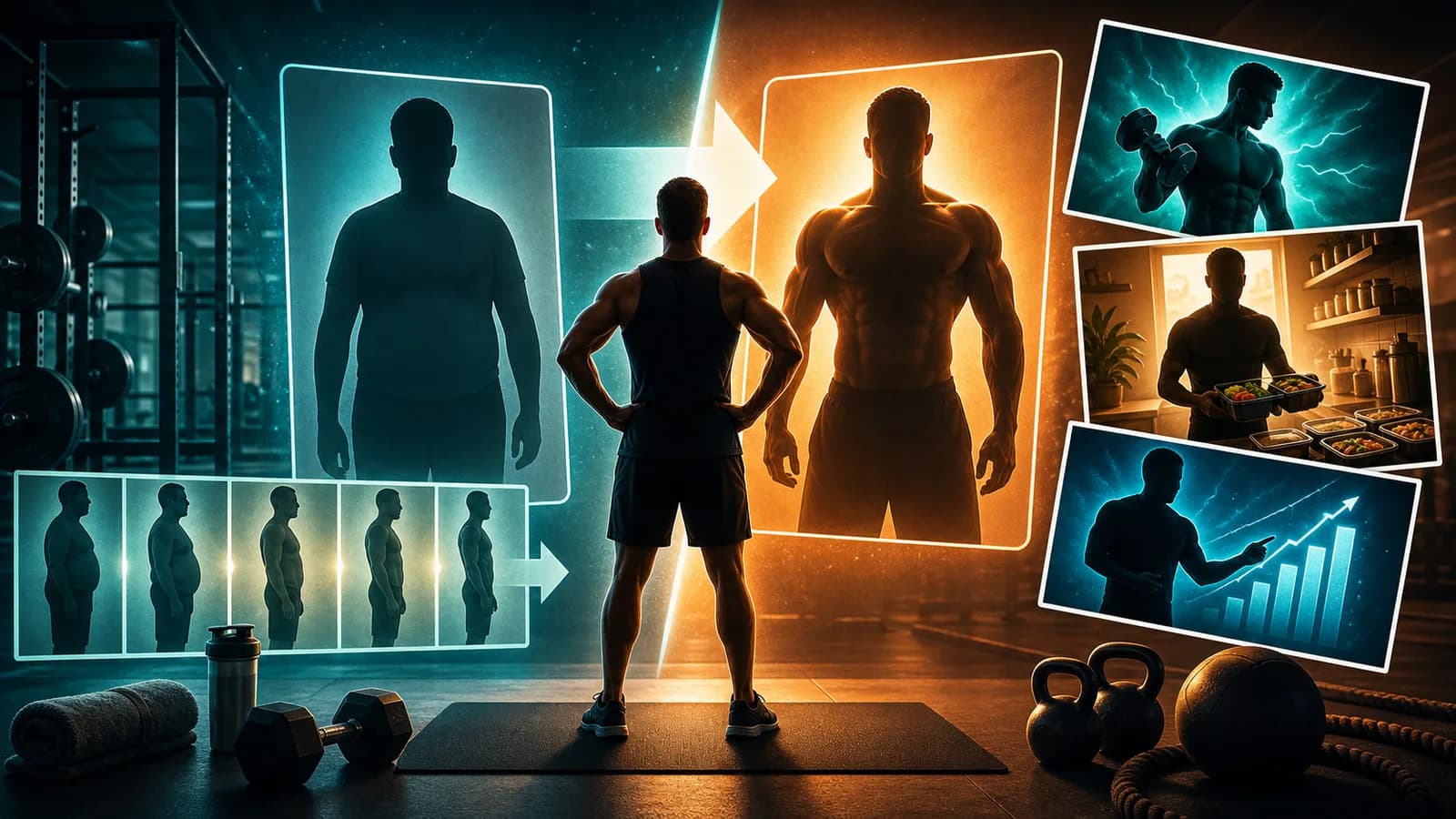 A gym scene with fitness thumbnail concept cards showing progress, meal prep, strength, and before-and-after visuals.