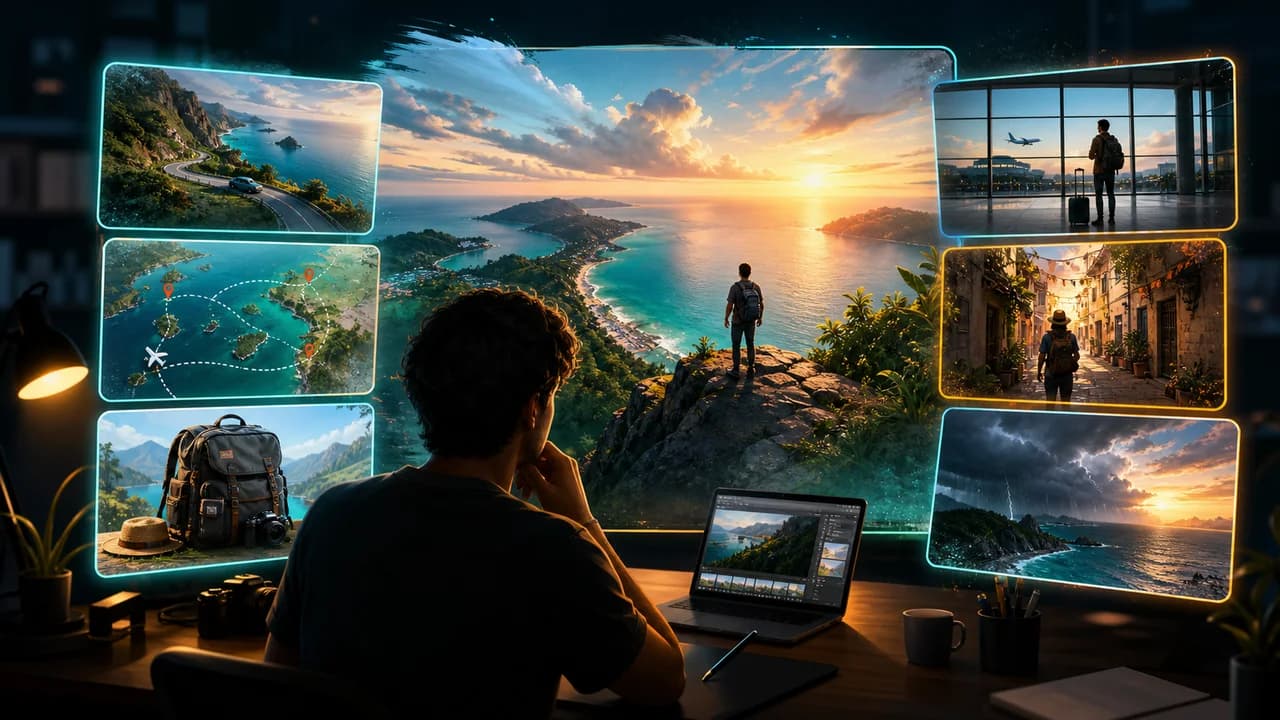 A travel creator reviewing thumbnail cards with destinations, route maps, luggage, and scenic reveal concepts.