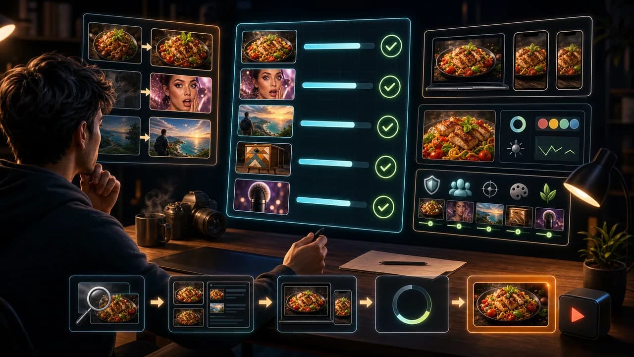A creator reviewing a thumbnail checklist with mobile preview cards, title match notes, and visual clarity checks.