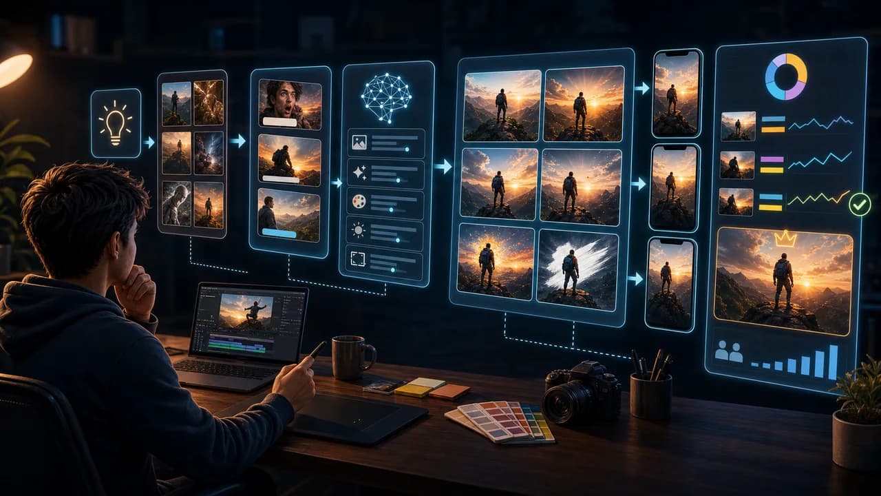 A thumbnail workflow board moving from video idea to prompts, concept variants, mobile preview, and testing decisions.