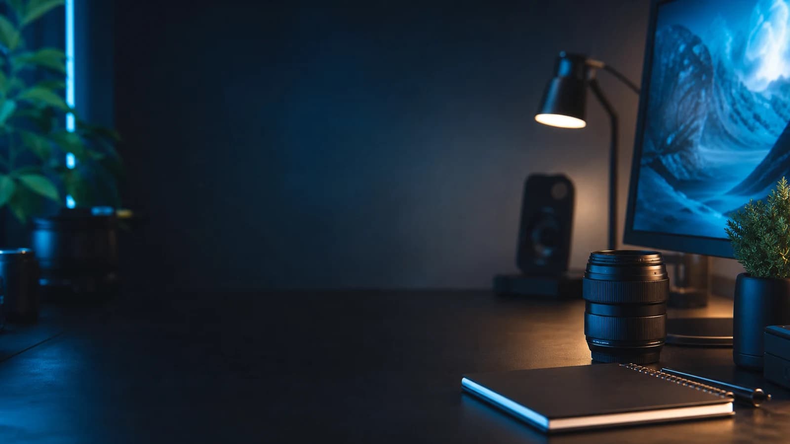 A cinematic creator desk with a camera lens, monitor glow, plant, notebook, and blue warm lighting.