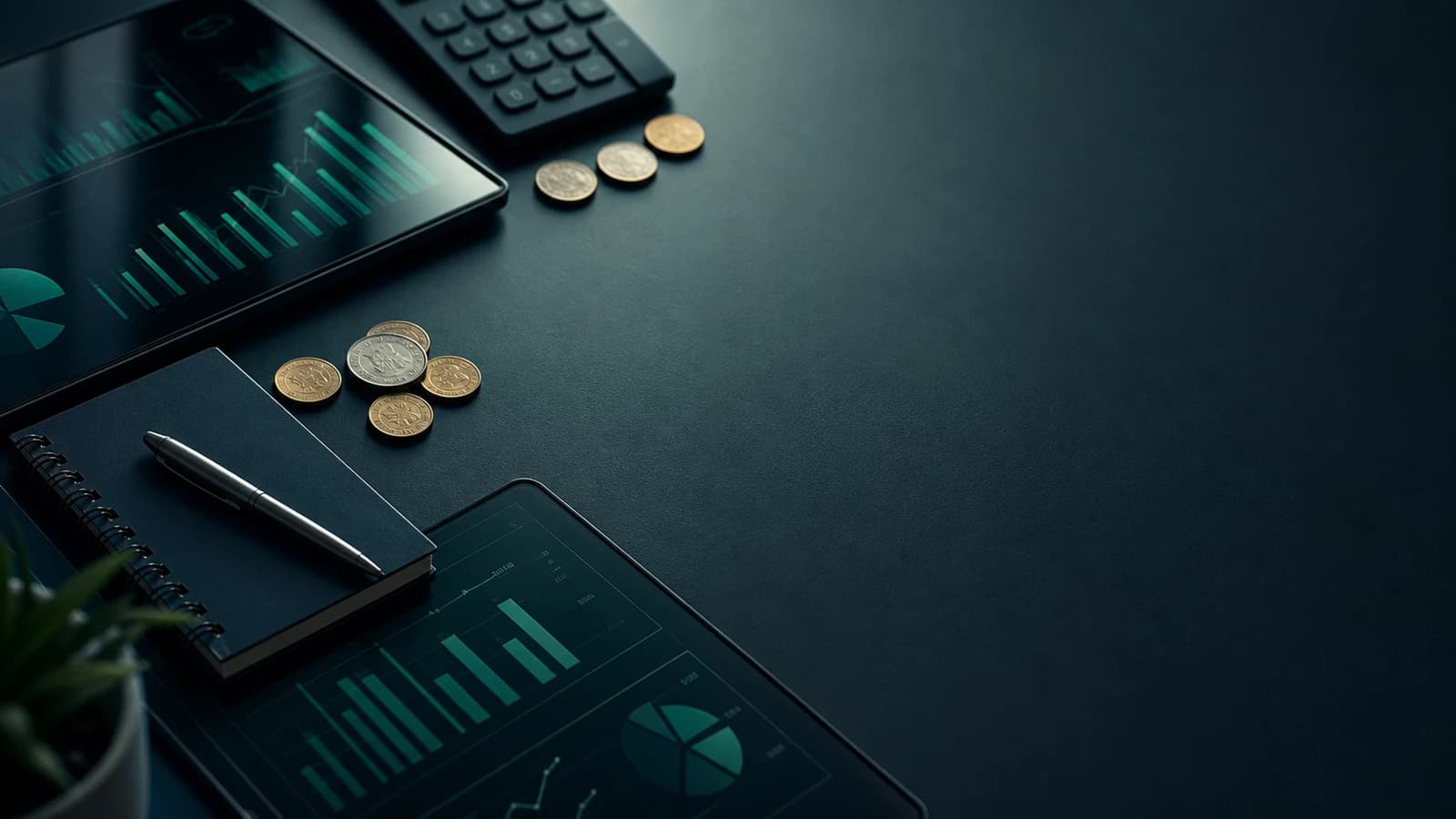 A dark finance desk with abstract charts, coins, notebook, pen, and trustworthy green lighting.