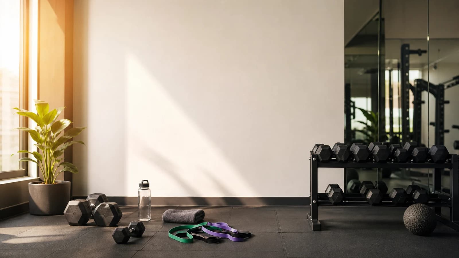 A clean gym corner with dumbbells, resistance bands, towel, water bottle, and sunrise window light.