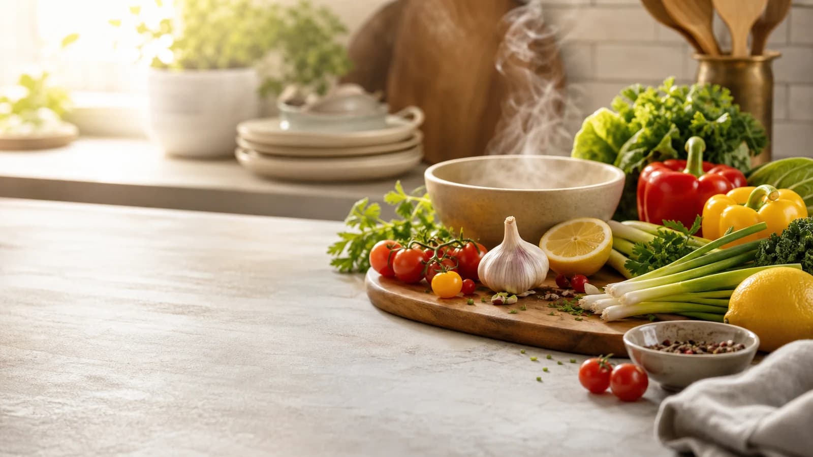 A bright kitchen counter with fresh vegetables, steaming bowl, warm dishes, and soft morning light.