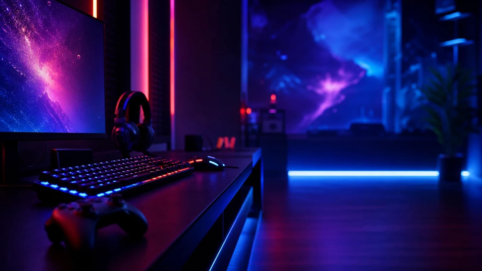 A neon gaming room with monitor glow, controller, headset, and dramatic purple-blue lighting.