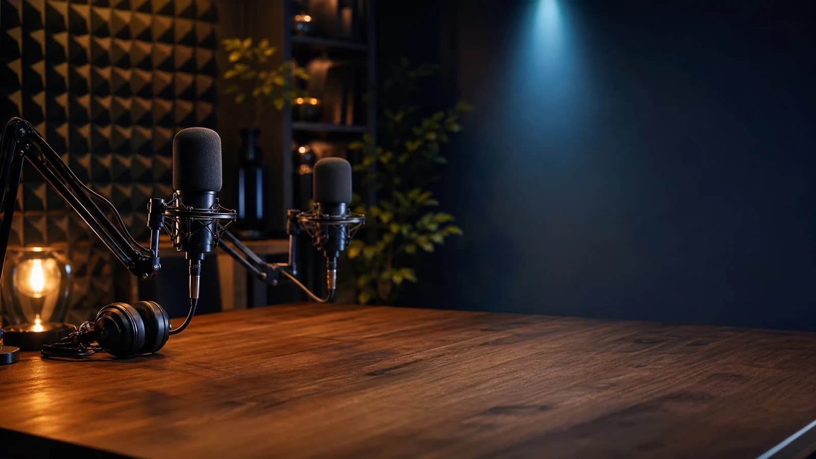 A moody podcast studio with microphones, headphones, acoustic wall texture, and warm blue lighting.