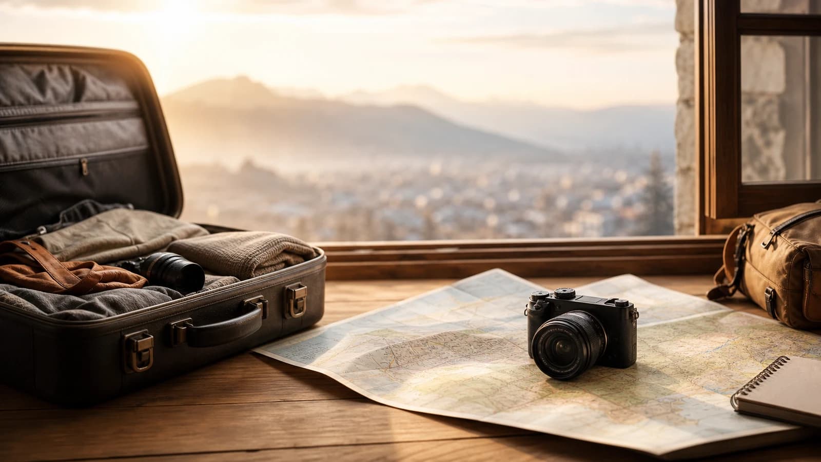 A travel desk with open suitcase, camera, map, notebook, window light, and blurred scenic mountains.