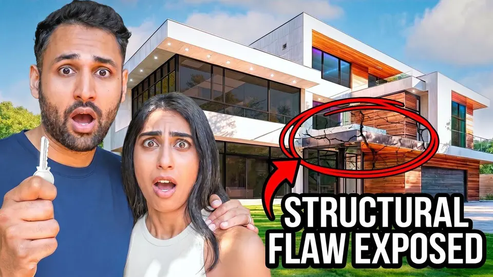 A dramatic YouTube-style thumbnail showing a house problem with a clear visual focus.